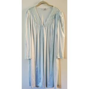 VANITY FAIR PEIGNOIR Light Blue Satin Mid Length Button Front Made In USA Vtg XL